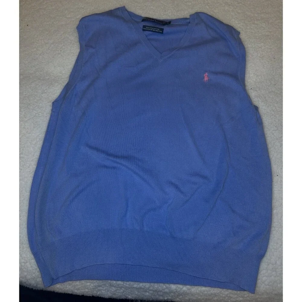 Polo Ralph Lauren Mens Sweater Vest Blue V Neck Sleeveless Tight Knit Large L